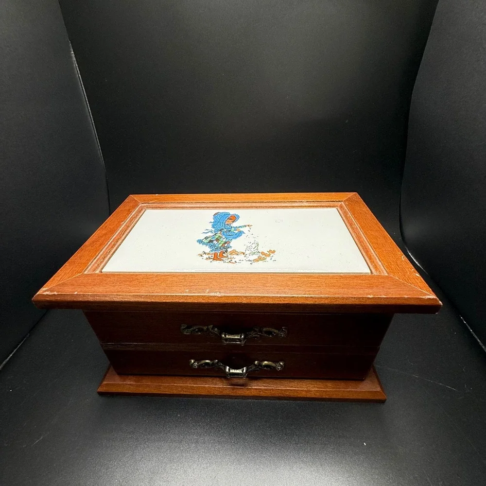 Vintage Wooden Jewelry Box Holly Hobbie Style Tile Inlay Mirror Drawer Organizer